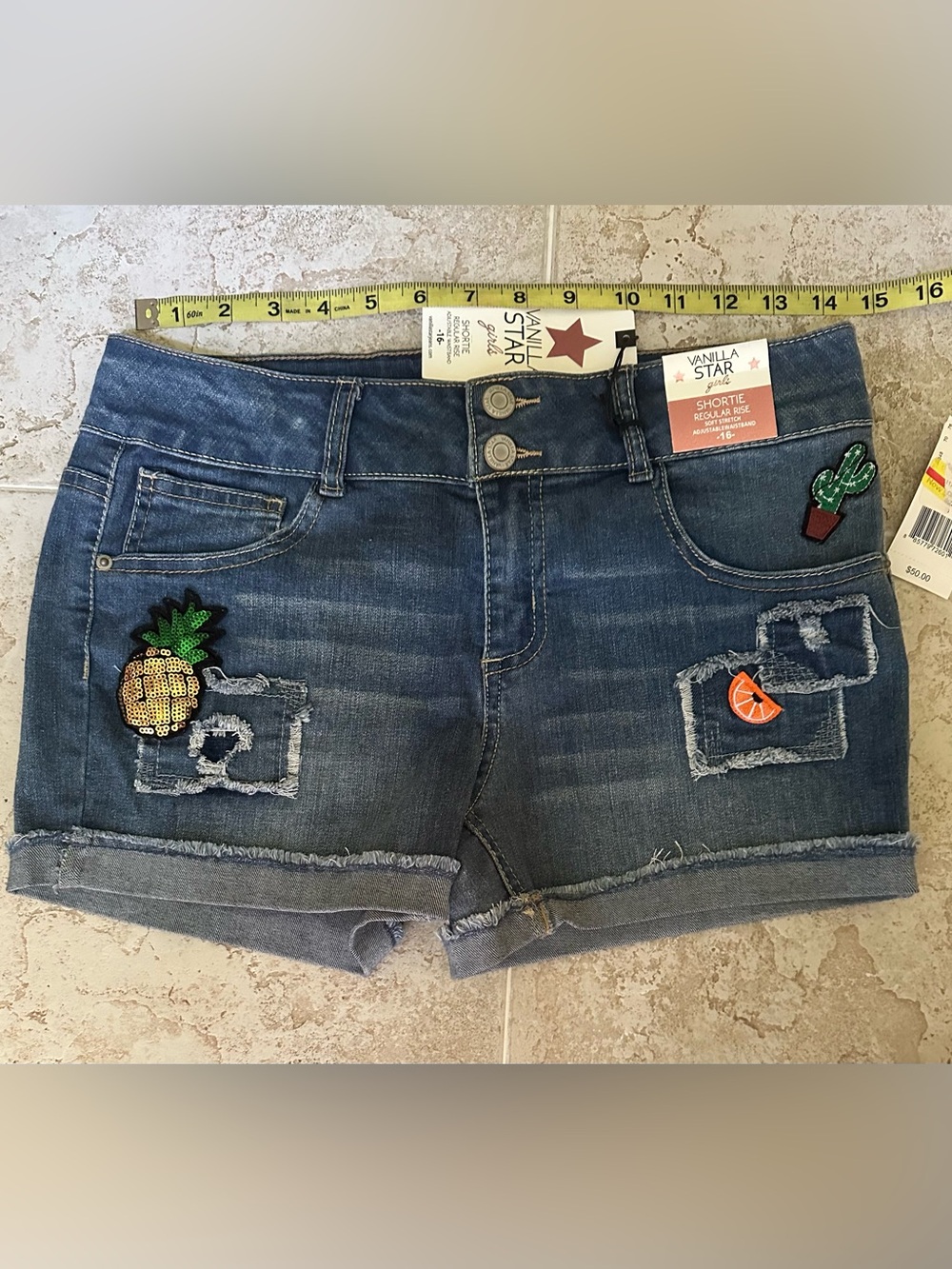 Vanilla Star Girl’s Blue Denim Shortie Shorts with Embroidered Patches